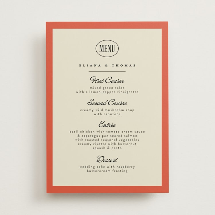"Modern Bold" - Menus in Tangerine by Alethea and Ruth - Front