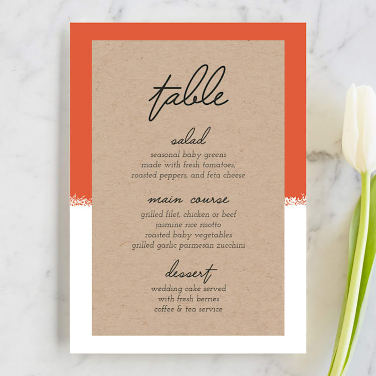 "Joyfully Ever After" - Menus in Tangerine by Faith Harlow - Front