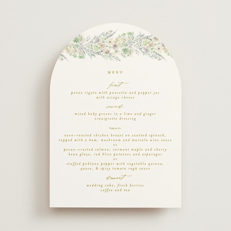 "Floral Arch" - Menus in Greenery by Phrosné Barwood - Front
