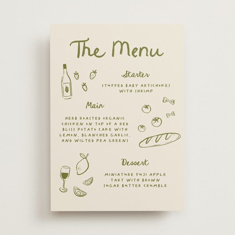"Playful Doodles" - Menu Signs in Olive by Carmia C. - Front