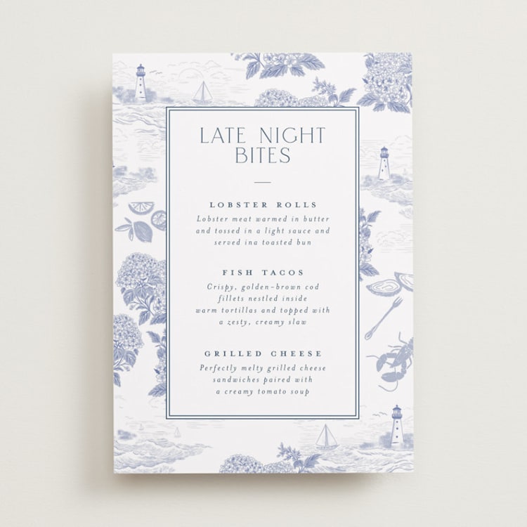 "Coastal Toile" - Menu Signs in Periwinkle by Jenna Holcomb - Front