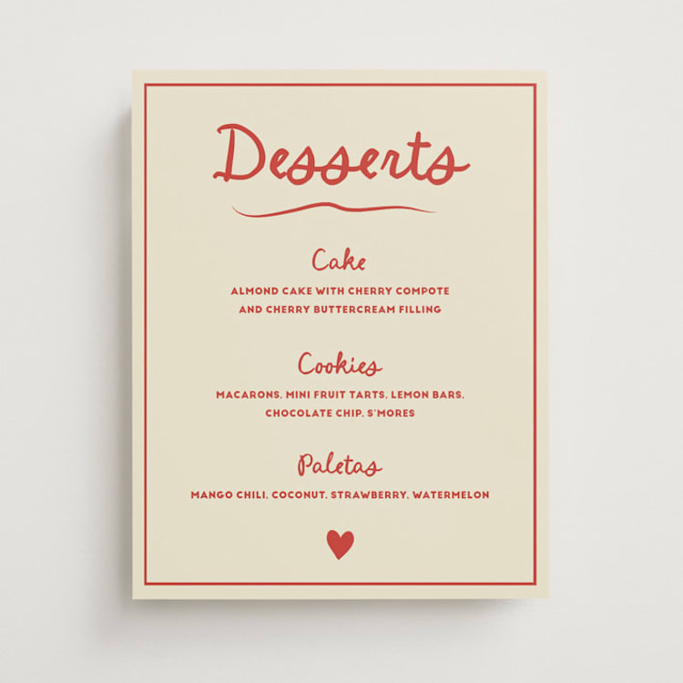 "Big Heart Wedding" - Menu Signs in Cherry by Ani Somi - Front