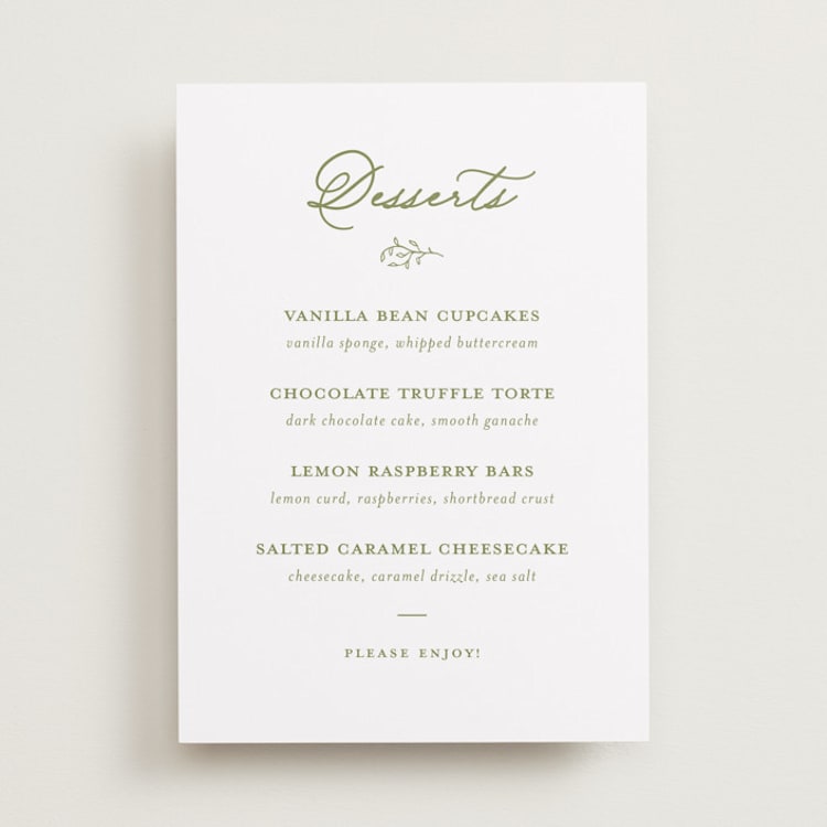 "Garden Script" - Menu Signs in Pistachio by Katherine Moynagh - Front