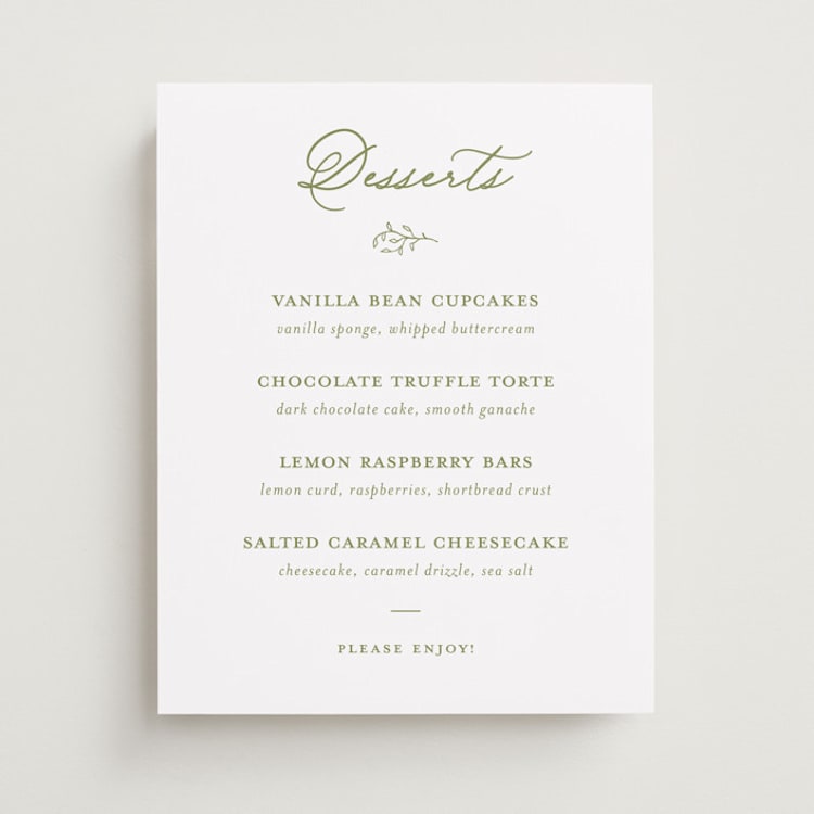 "Garden Script" - Menu Signs in Pistachio by Katherine Moynagh - Front