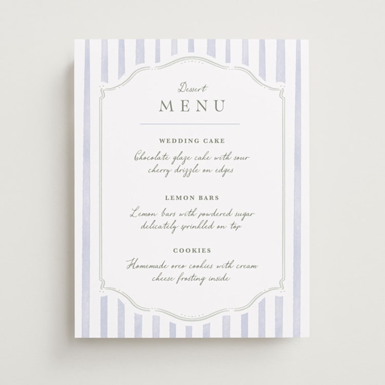 "Delicate Vines" - Menu Signs in Periwinkle by Kristen Smith - Front