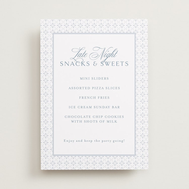 "Coastal Charm" - Menu Signs in Dusty Blue by Jennifer Postorino - Front