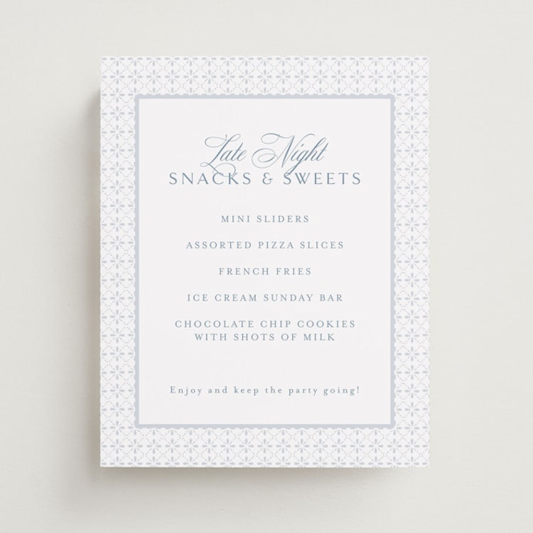 "Coastal Charm" - Menu Signs in Dusty Blue by Jennifer Postorino - Front