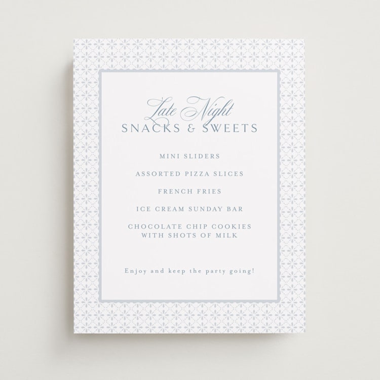 "Coastal Charm" - Menu Signs in Dusty Blue by Jennifer Postorino - Front