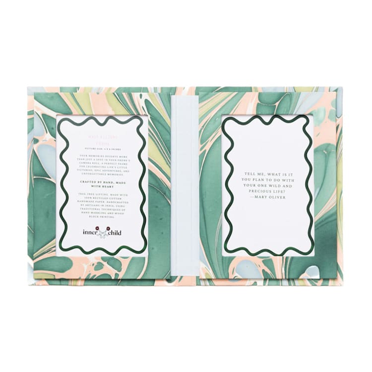 "Hand Marbled Picture Frame Folding Book, 4x6 in Green and Pink" - Frames in green by Inner Child