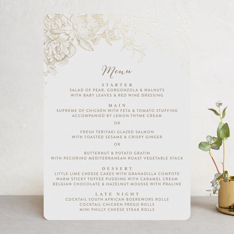 "Engraved Flowers" - Foil-Pressed Menus in Gold by Phrosné Barwood - Front