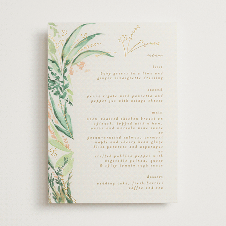 "fresh tropical" - Foil-Pressed Menus in Greenery by Phrosné Barwood - Front