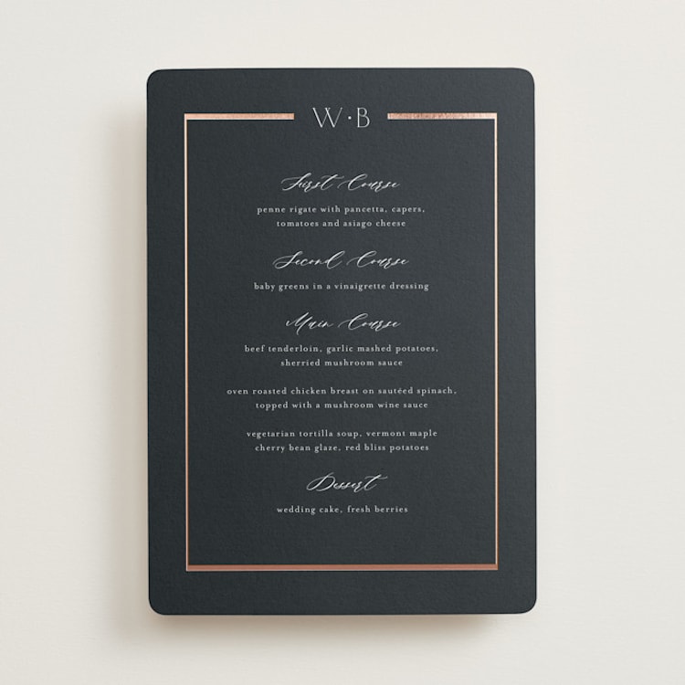"Luster" - Foil-Pressed Menus in Ocean by Stacey Meacham - Front