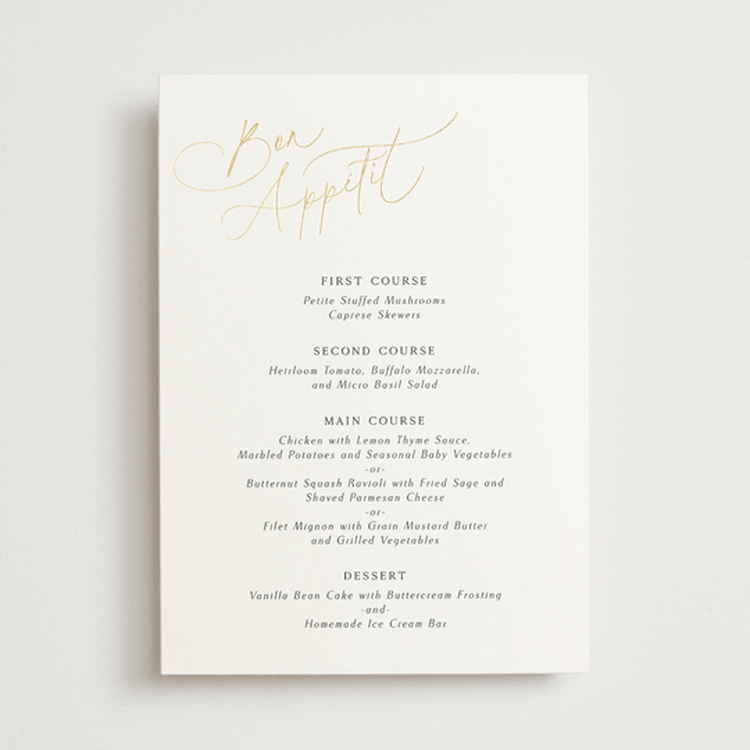 "The Wedding" - Foil-Pressed Menus in Marshmallow by Kaydi Bishop - Front