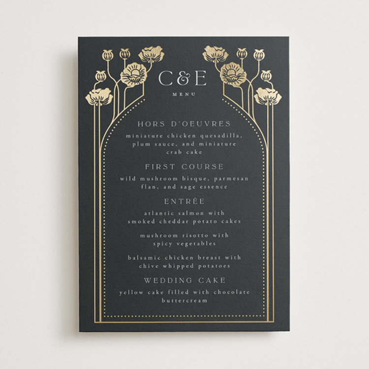 "Nouveau flowers" - Foil-Pressed Menus in Navy by Ana de Sousa - Front