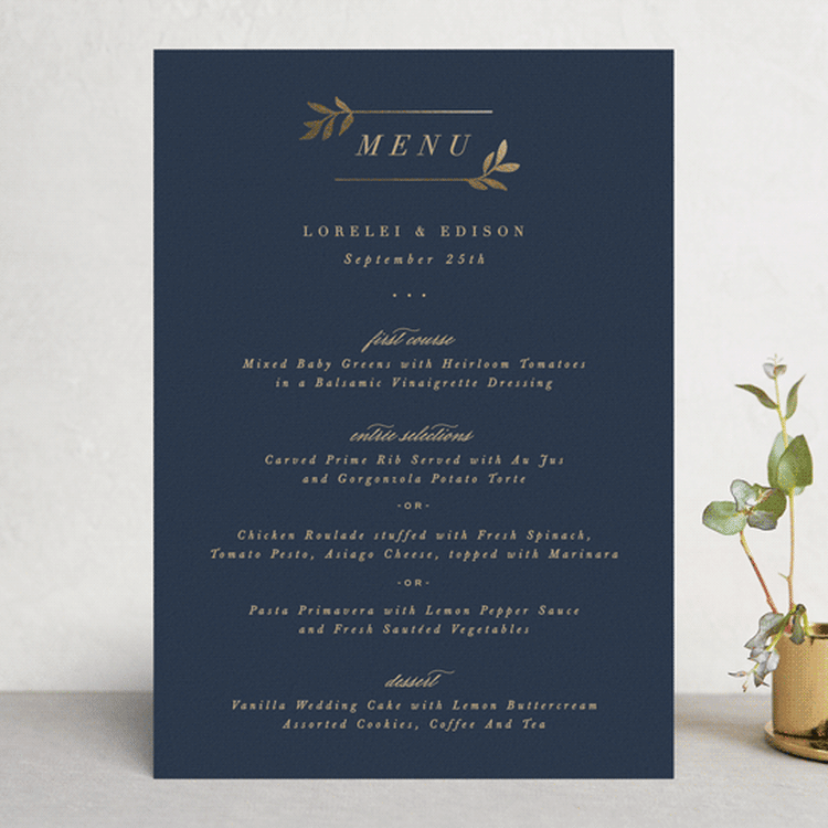 "Botanical Ampersand" - Foil-Pressed Menus in Navy by Hooray Creative - Front