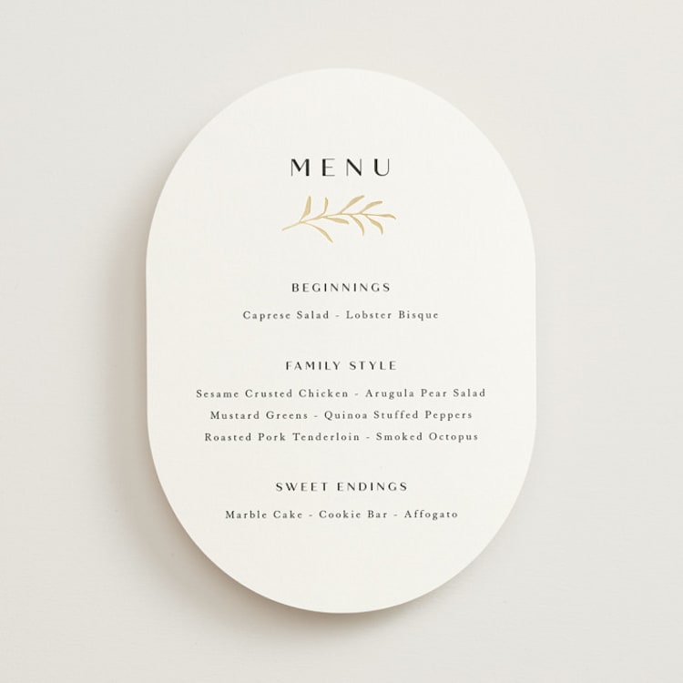 "Petite Sprig" - Foil-Pressed Menus in Black Dahlia by Olivia Raufman - Front