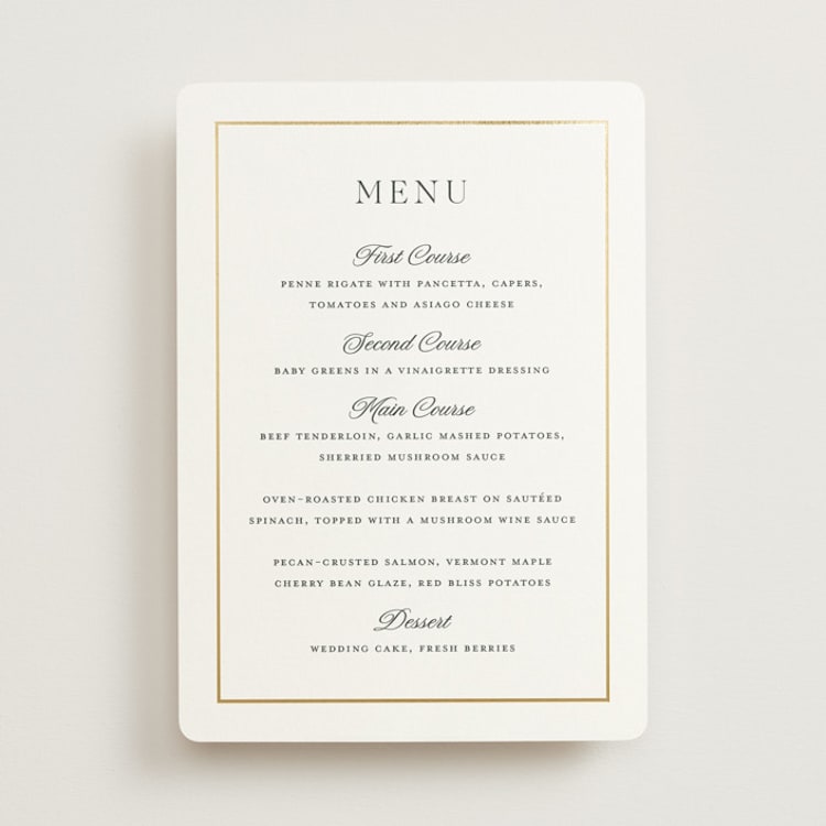 "Opulence" - Foil-Pressed Menus in Pearl by Stacey Meacham - Front