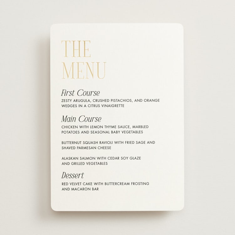 "Magazine" - Foil-Pressed Menus in Lace by Kaydi Bishop - Front