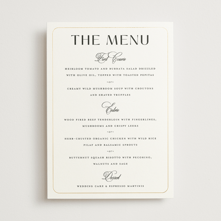 "Loren" - Foil-Pressed Menus in Cotton by Christie Garcia - Front