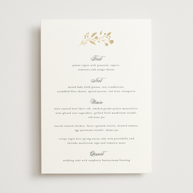 "Embrace" - Foil-Pressed Menus in Cloudy by Jennifer Postorino - Front