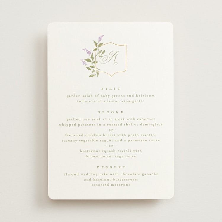 "Marmont" - Foil-Pressed Menus in Lilac by Kristie Kern - Front