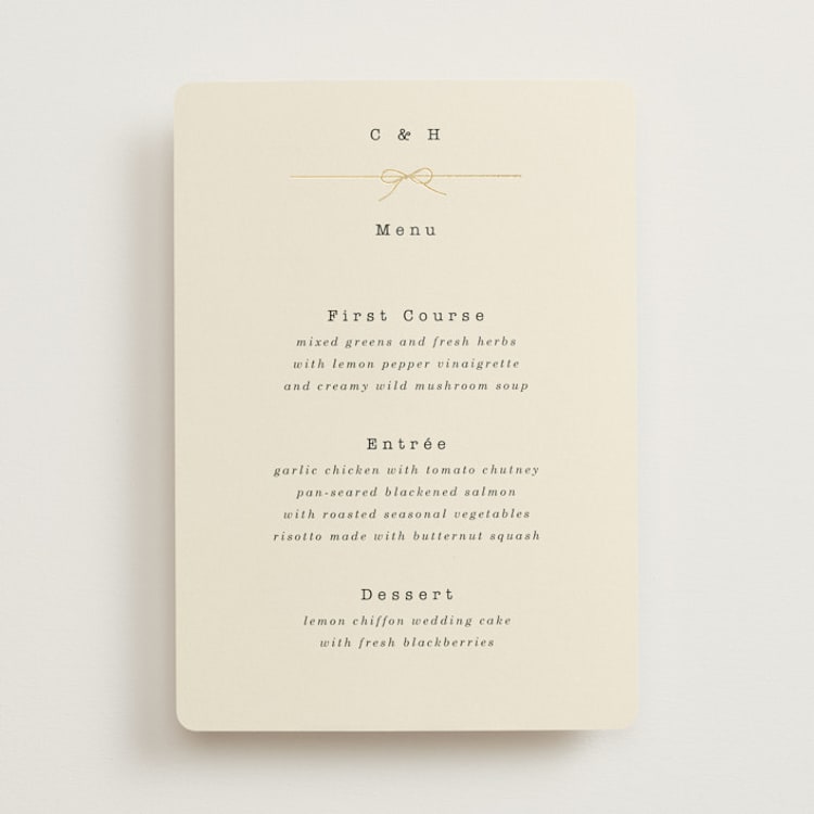 "Bow Tie" - Foil-Pressed Menus in Ivory by Baumbirdy - Front