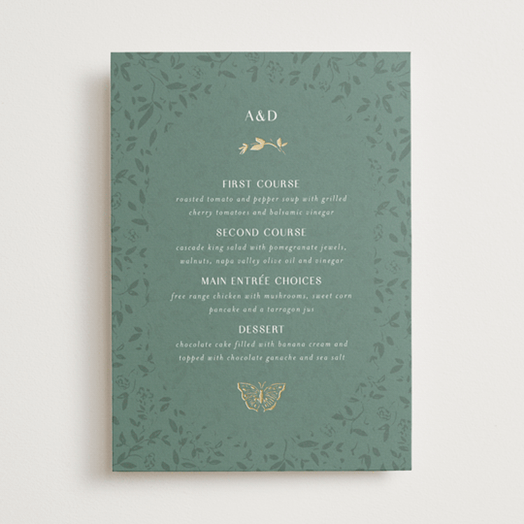 "Southern Romance" - Foil-Pressed Menus in Eucalyptus by Simona Camp - Front