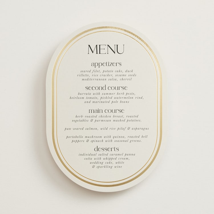 "oval" - Foil-Pressed Menus in Sandstone by lori jacobs wemple - Front