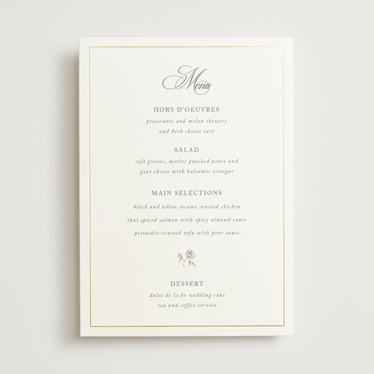 "Here With You" - Foil-Pressed Menus in Classic Bride by Design Lotus - Front