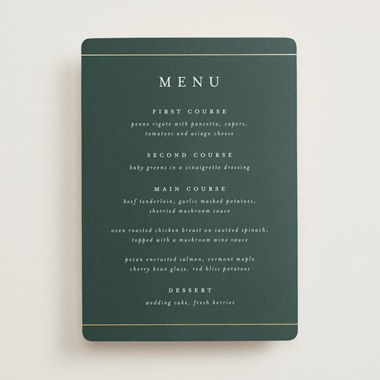 "Style and grace" - Foil-Pressed Menus in Forest by Stacey Meacham - Front