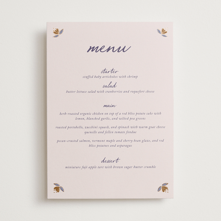 "Together in Bloom" - Foil-Pressed Menus in Wisteria by Monika Konieczna - Front