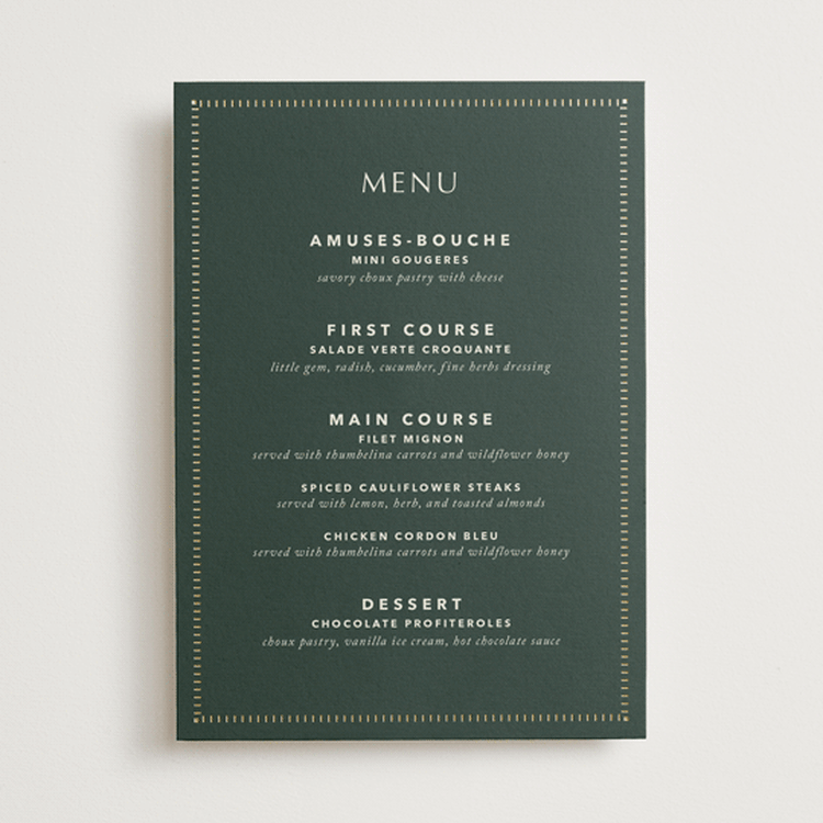 "deco arch" - Foil-Pressed Menus in Fir by Kindred Fields - Front