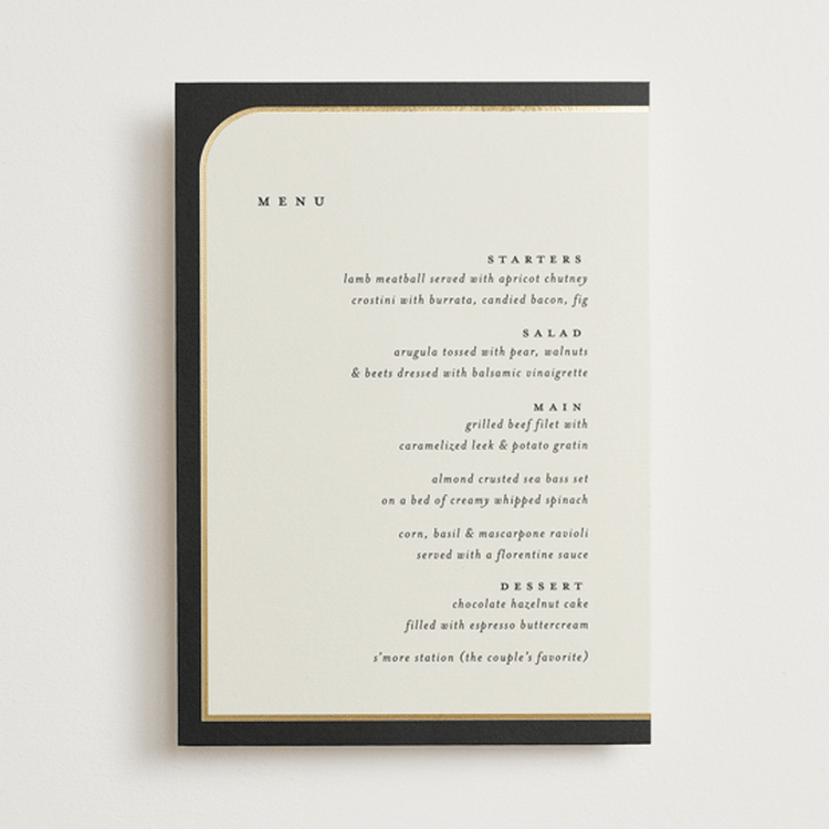 "Tuxedo" - Foil-Pressed Menus in Black Tie by Carolyn Nicks - Front