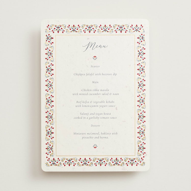 "Islamic Arch" - Foil-Pressed Menus in Scarlet by Sabrin Deirani - Front