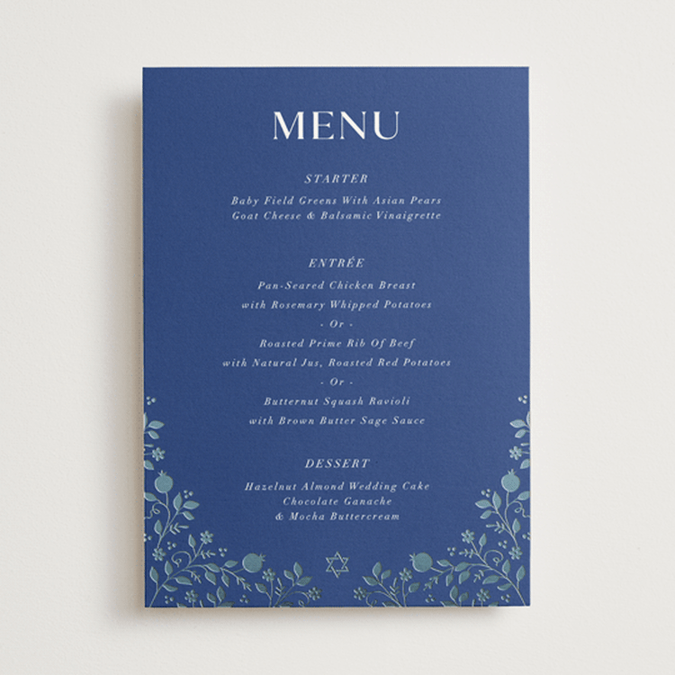 "Pomegranate Floral Frame" - Foil-Pressed Menus in Royal by Nam Bourassa - Front