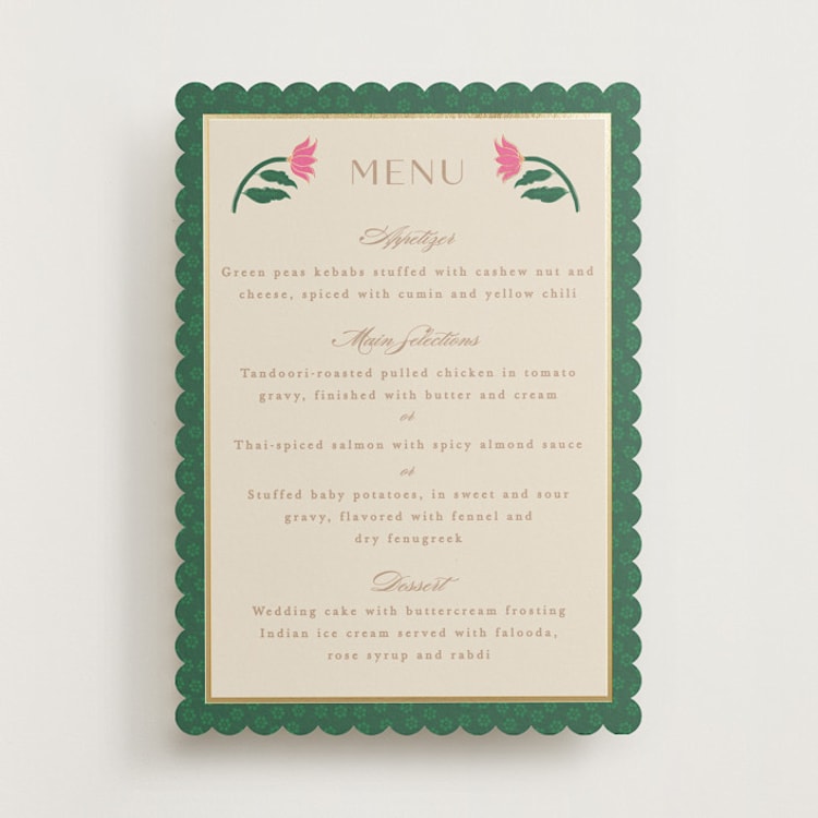 "Indian garden" - Foil-Pressed Menus in Pistachio by Creo Study - Front