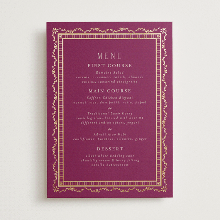 "Amber Palace" - Foil-Pressed Menus in Garnet by Chris Griffith - Front