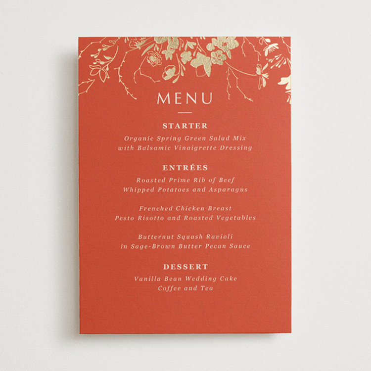 "Abstract Flora" - Foil-Pressed Menus in Lava by Stellax Creative - Front
