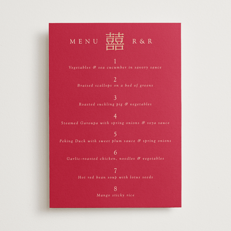 "Double Peony" - Foil-Pressed Menus in Ruby by Janean Hinger - Front