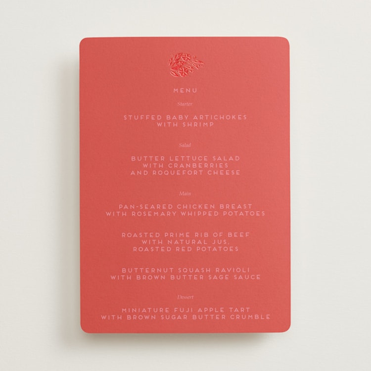 "Fiery" - Foil-Pressed Menus in Ruby by Ghia Designs - Front