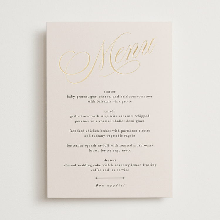 "Mirin" - Foil-Pressed Menus in Linen by Kate Ahn - Front