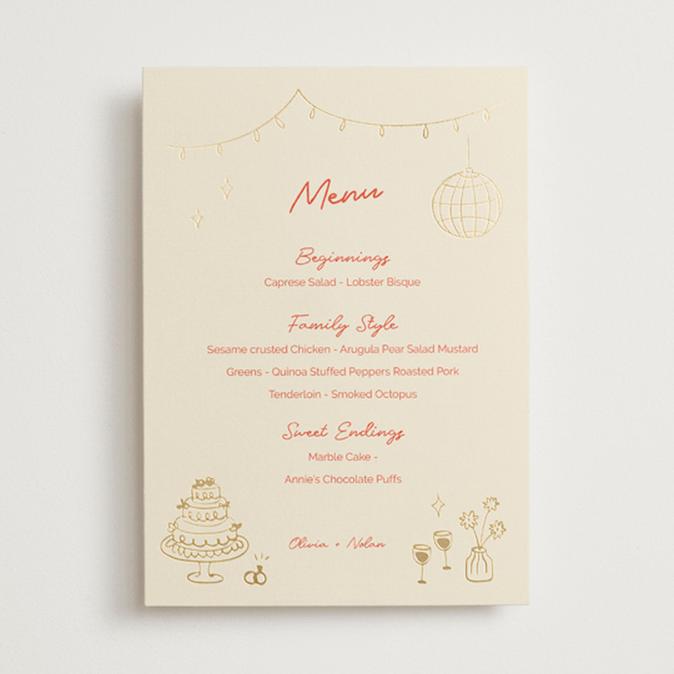 "Party On!" - Foil-Pressed Menus in Sangria Spark by Zove Ahhh - Front