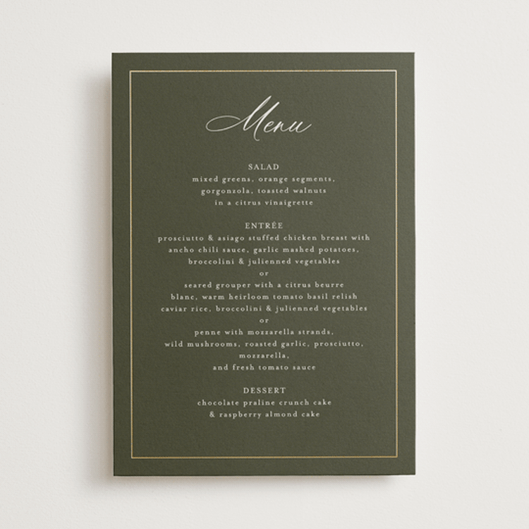 "Refined" - Foil-Pressed Menus in Deep Olive by Nicole Walsh - Front