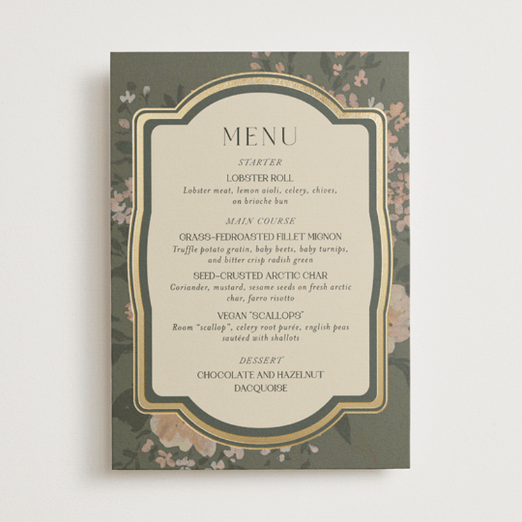 "Madison" - Foil-Pressed Menus in Thyme by Itsy Belle Studio - Front