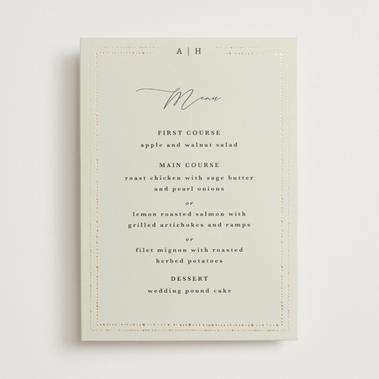 "Foil Botanical Frame" - Foil-Pressed Menus in Taupe by Hannah Williams - Front