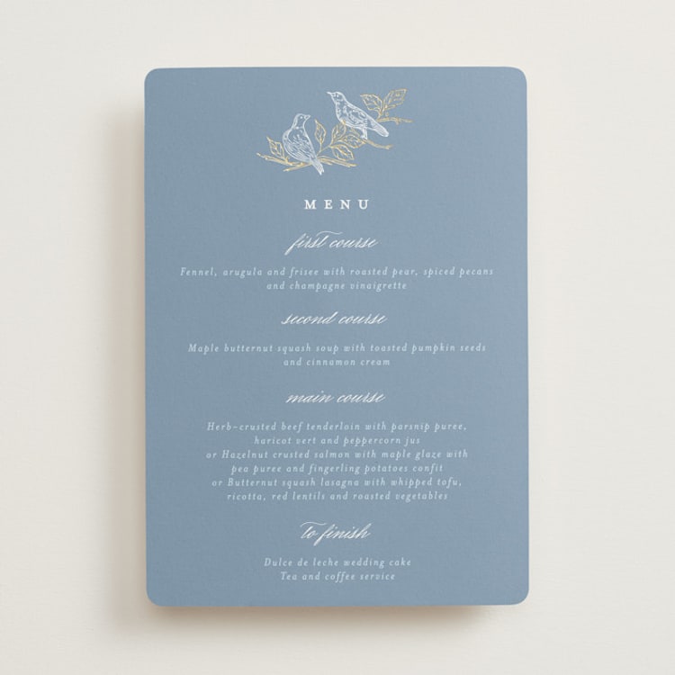 "meet me in the garden" - Foil-Pressed Menus in Cornflower by Grae - Front
