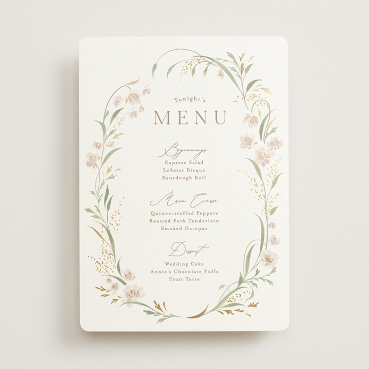 "Meadow" - Foil-Pressed Menus in Spring Mist by Erin L. Wilson - Front