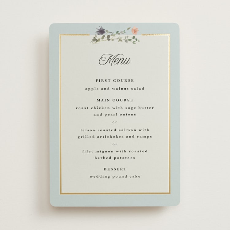 "Blue Garden" - Foil-Pressed Menus in Mist by Hannah Williams - Front