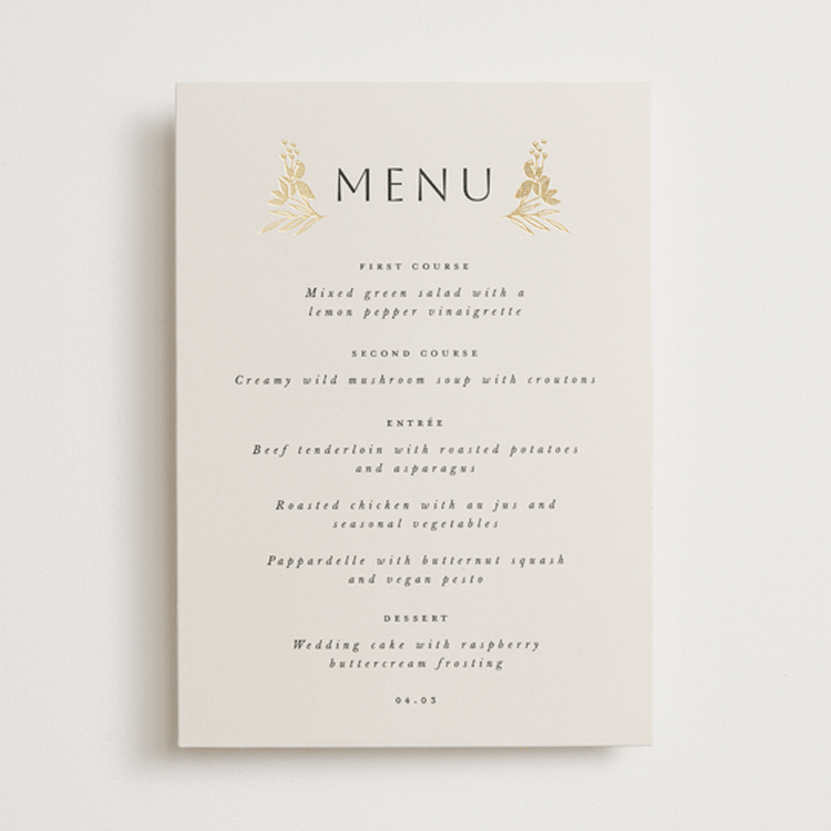 "Floral Border" - Foil-Pressed Menus in Champagne by Leah Bisch - Front