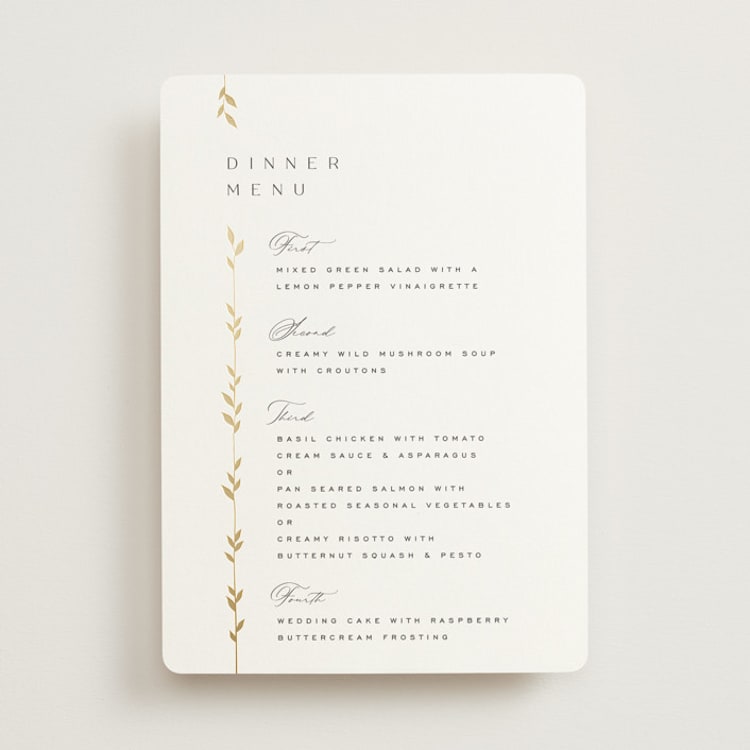 "Courtyard" - Foil-Pressed Menus in Lily by Owl and Toad - Front